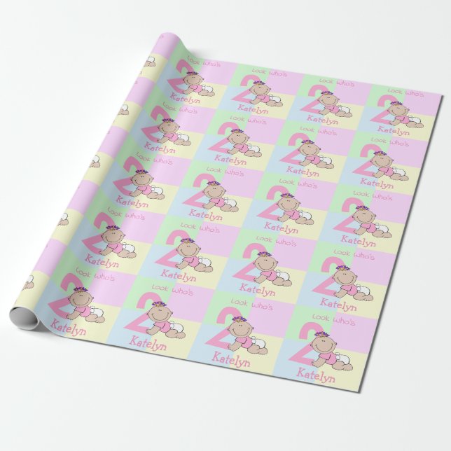 Papel De Regalo Personalizado linda bebé niña rosa segundo cumplea (Desenrollado)