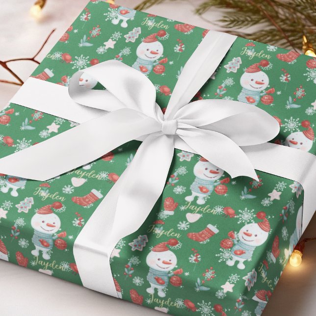Papel De Regalo Personalizado lindo Snowmen Personalizado verde ro (Cute Cartoon Snowmen Red Green Custom Wrapping Paper
)