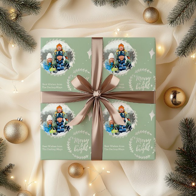 Papel De Regalo Personalizado merry y brillante foto verde y plate (Photo christmas wrapping paper - Merry & Bright)