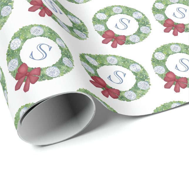 Papel De Regalo Personalizado Monograma Navidades iniciales Wreath (Esquina del rollo)