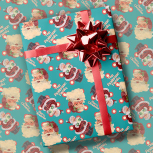 Papel De Regalo Personalizado Nombre de familia Retro Santa Claus 