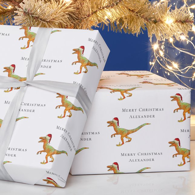 Papel De Regalo Personalizado Nombre Navidades Dinosaur Velocirapt (Personalized boy name merry Christmas dinosaur velociraptor Santa white modern gift wrapping paper)