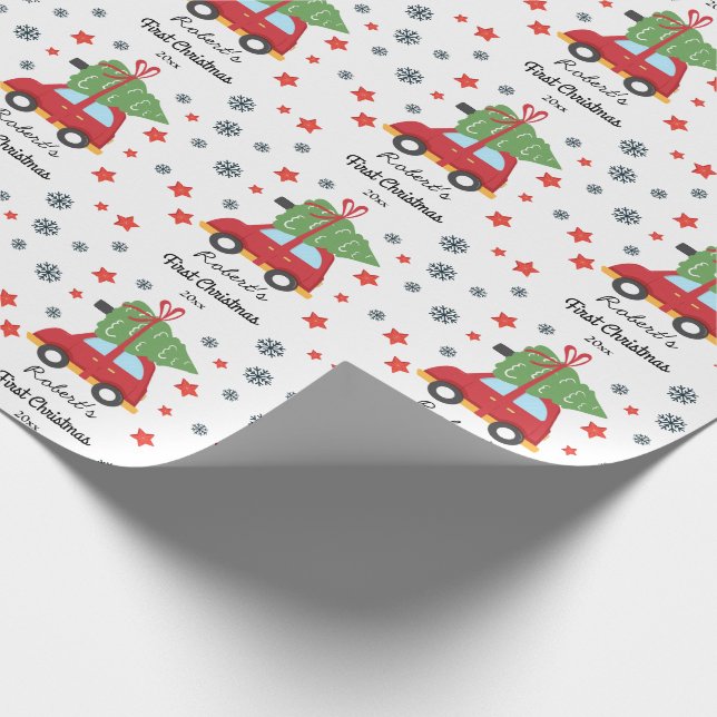 Papel De Regalo Personalizado Primer bebé de Navidad auto y árbol  (Esquina)