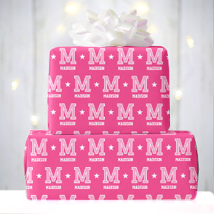 Papel De Regalo Personalizado Rosa Estrella de nombre monogramado