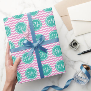Papel De Regalo Personalizado rosado y verde azulado con monograma