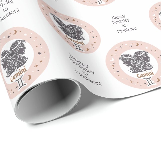 Papel De Regalo Personalizado Texto Rótulo zodiaco Gemini (Esquina del rollo)