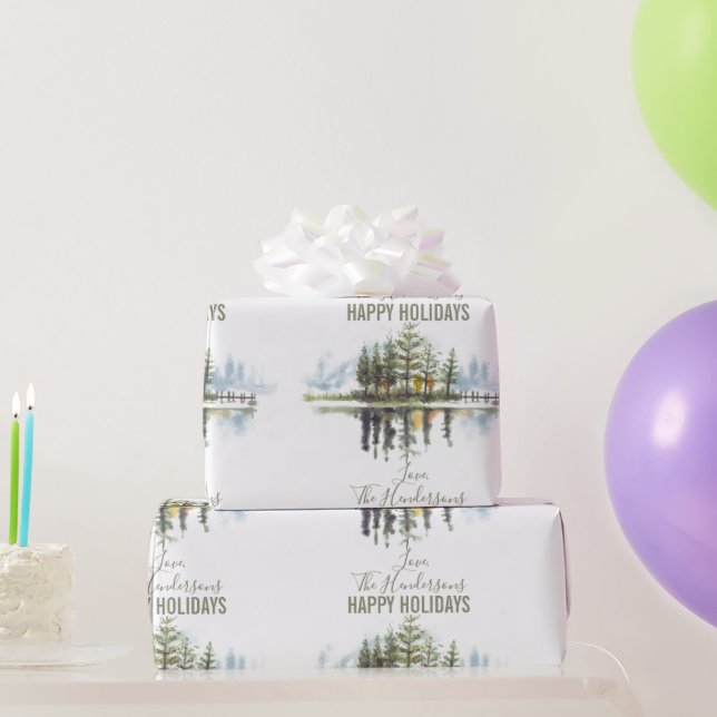 Papel De Regalo Personalizado Watercolor Invierno Pine Green Tree  (Regalos de fiesta)