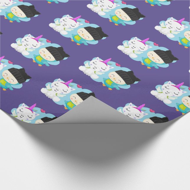 Papel De Regalo Personalizados felinos: unicornio y pájaro felices (Esquina)