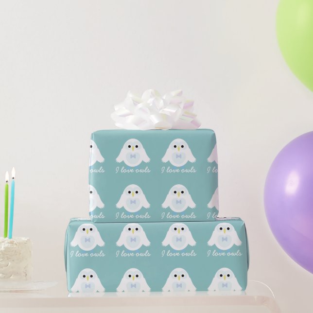 Papel De Regalo Personalizar cute lechuza blanca sobre azul claro (Regalos de fiesta)