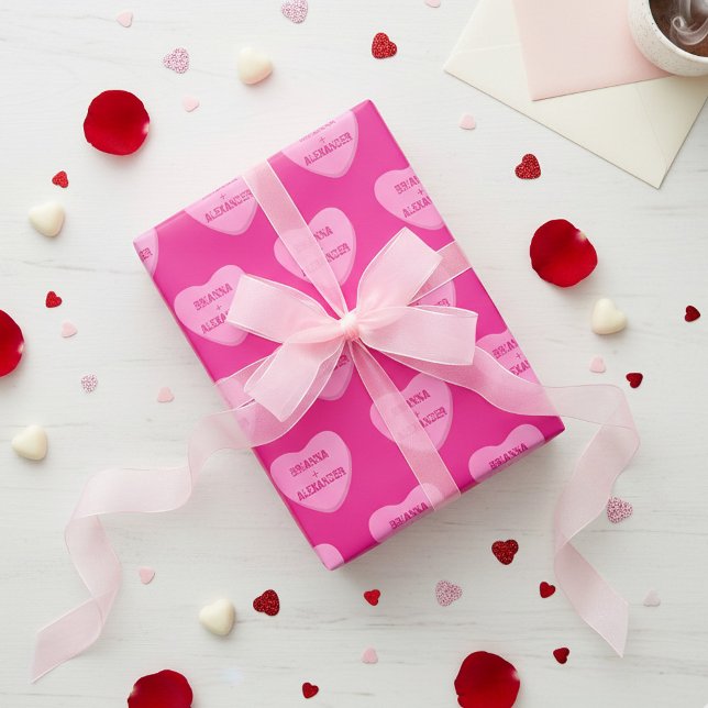 Papel De Regalo Personalized Candy Hearts Retro Two Names Hot Pink (Cute personalized candy heart wrapping paper. Pink hearts with your names or initials on hot pink)