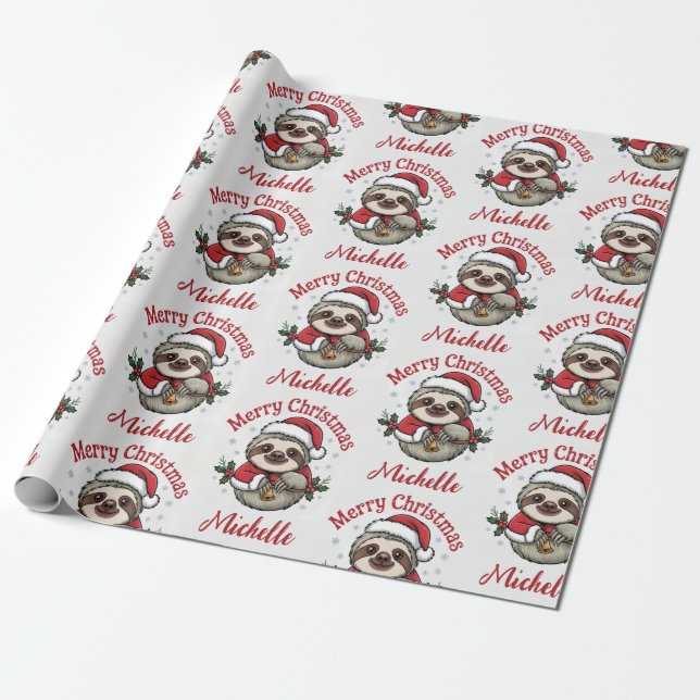 Papel De Regalo Personalized Cute Sloth Santa Hat Holiday          (Desenrollado)