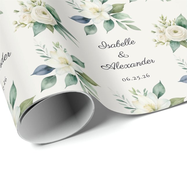 Papel De Regalo Personalized Elegant Floral Script Names Wedding (Esquina del rollo)