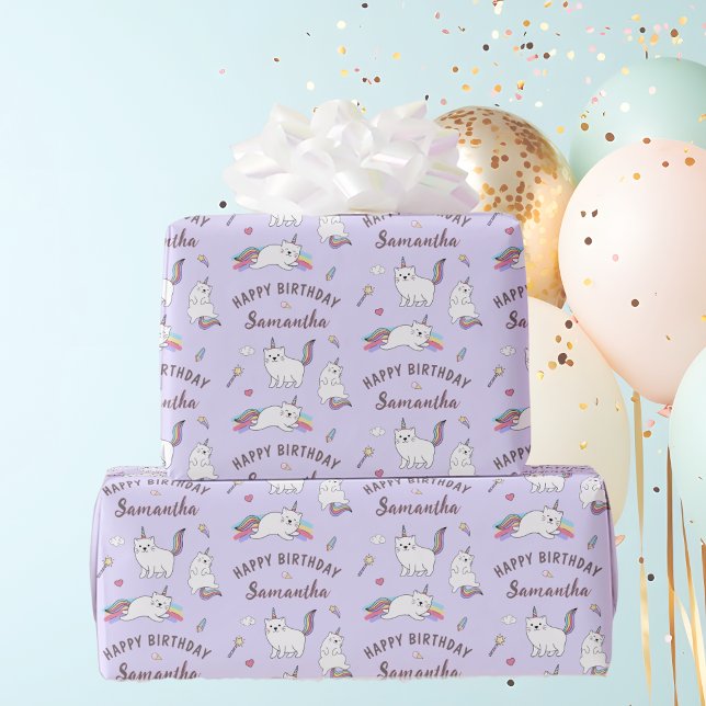 Papel De Regalo Personalized Name Cute Unicorn Cat Birthday (Personalized Name Cute Unicorn Cat Birthday Wrapping Paper)