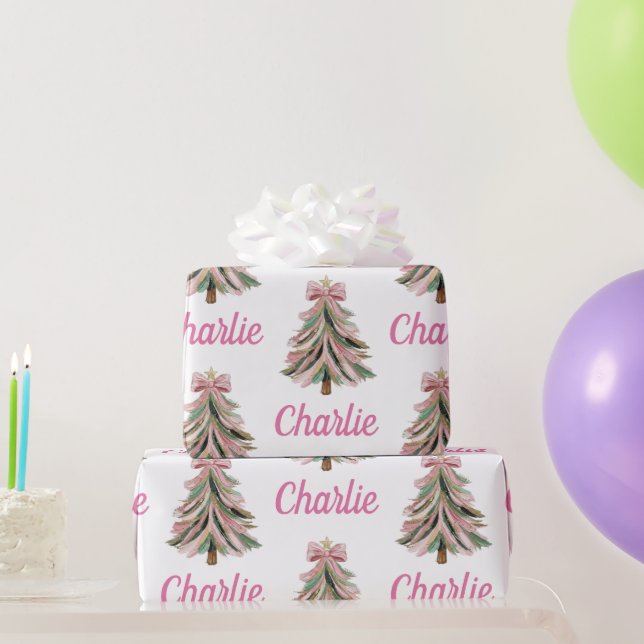 Papel De Regalo Personalized Pink Christmas Xmas Tree Holiday Gift (Regalos de fiesta)