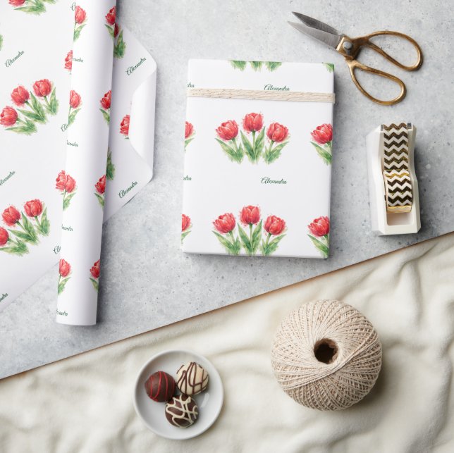 Papel De Regalo Personalized Watercolor Red Tulips Tote Bag (Artesanía)