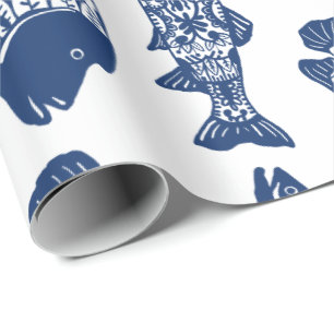 Papel De Regalo Pescado floral azul de la Marina Náutica