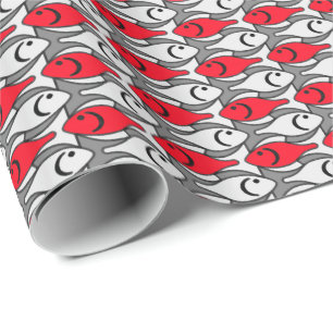 Papel De Regalo Pescado moderno de medio siglo, rojo y gris / gris
