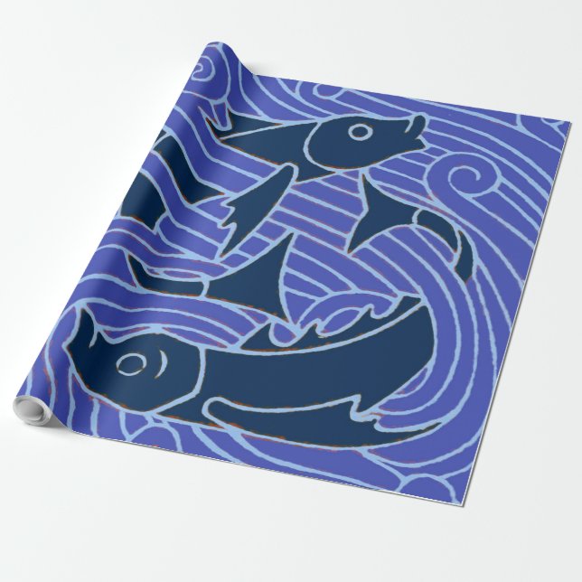 Papel De Regalo Pescado Negrita Natación Océano Pesca Azul (Desenrollado)