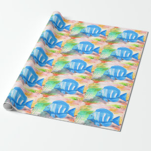 Papel De Regalo Pescado tropical azul Agua Océano marino