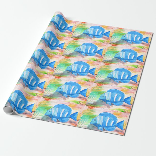 Papel De Regalo Pescado tropical azul Agua Océano marino (Desenrollado)