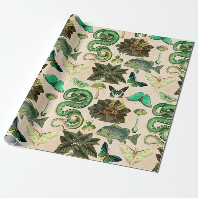 Papel De Regalo Pescado y mariposa de serpientes verdes (Desenrollado)
