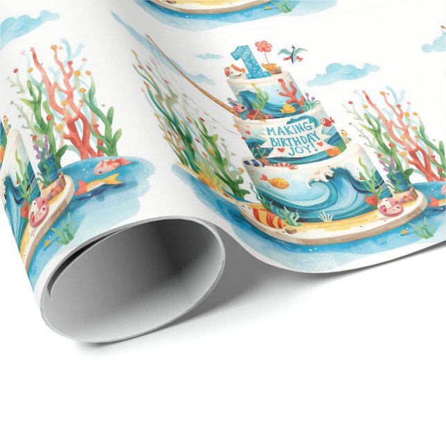 Papel De Regalo Pescando el primer cumpleaños con pastel (Esquina del rollo)