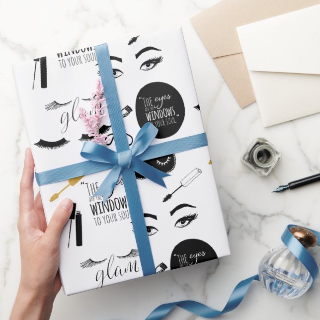 Papel De Regalo Pestañas Negro Oro Glam Cumpleaños (Regalar)