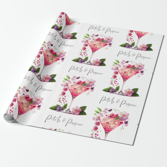 Papel De Regalo Pétalas y Prosecco Rosa Floral Torta Nupcial  (Desenrollado)