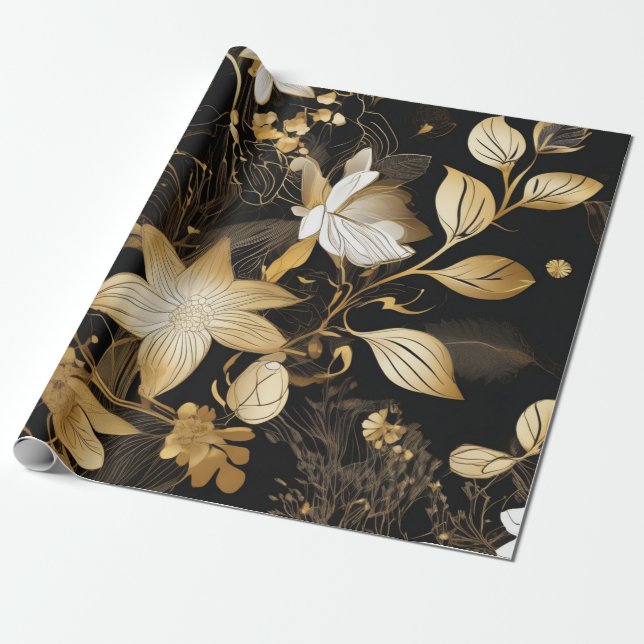 Papel De Regalo Petales dorados: negro floral y oro (Desenrollado)