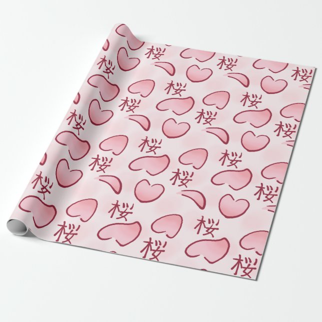 Papel De Regalo Petales sakura con kanji (Desenrollado)