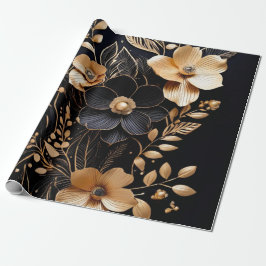 Papel De Regalo Pétalos dorados: Floral sobre negro