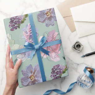 Papel De Regalo Pétalos Rosa Púrpura Fondo Verde Menta