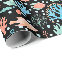 Papel De Regalo Pez Ángel Bajo El Mar Ancla Coral Náutico Negro