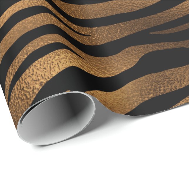Papel De Regalo Piel animal de tigre negro con oro profundo de mie (Esquina del rollo)