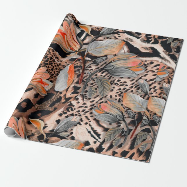 Papel De Regalo Piel animal salvaje africana con flor marrón (Desenrollado)