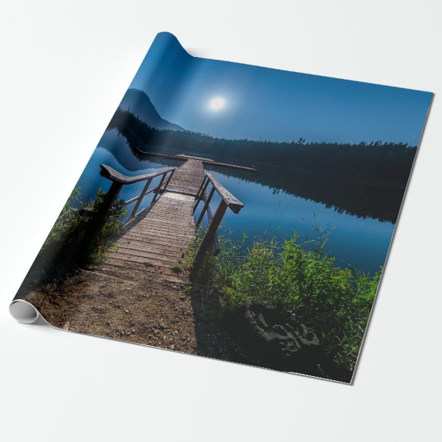 Papel De Regalo Pier de noche bajo una luna llena (Desenrollado)