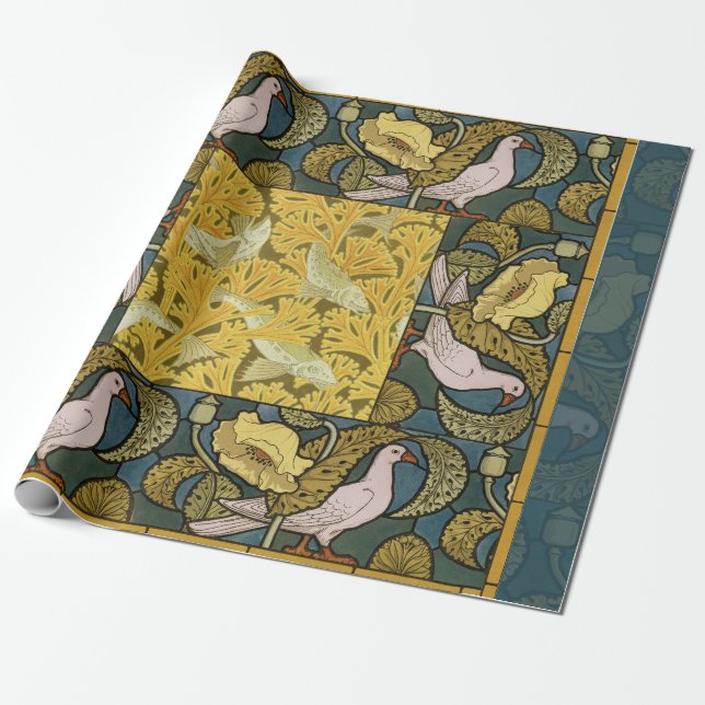 Papel De Regalo Pigeon Blue Yellow Fish Art Nouveau (Desenrollado)