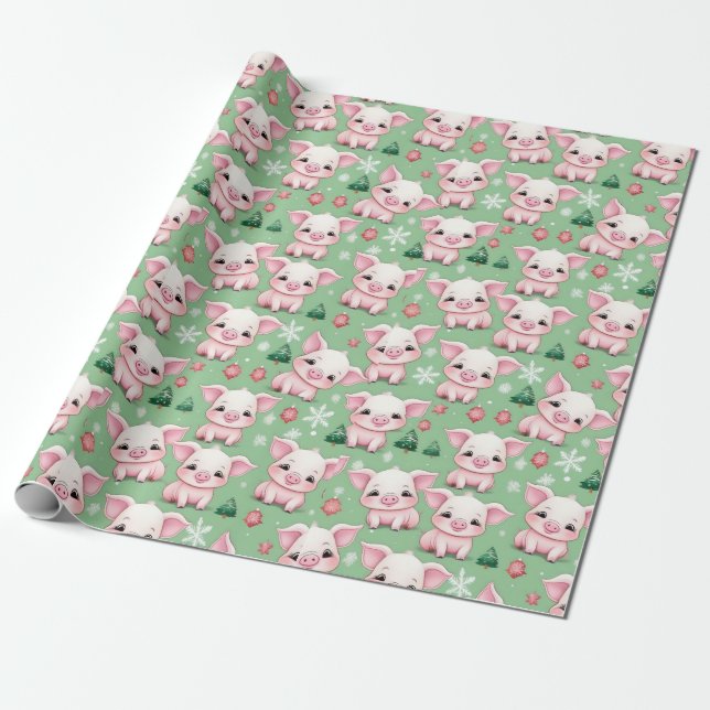 Papel De Regalo Píglets adorables para Navidades Envoltura Verde d (Desenrollado)