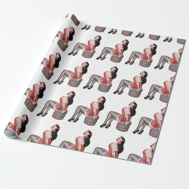 Papel De Regalo Pin Up Chica sentado sobre neumáticos (Desenrollado)