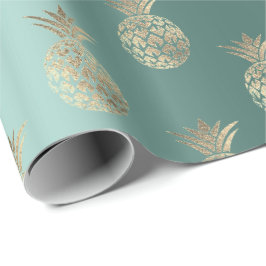 Papel De Regalo Piña Fruta Falso Oro Trópico Verano Verde Turquesa
