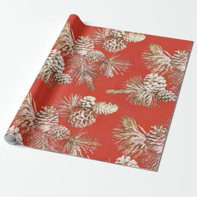 Papel De Regalo Piñas de Navidad Doradas con Brillo Rojizas (Desenrollado)