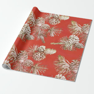 Papel De Regalo Piñas de Navidad Doradas Purpurina Roja