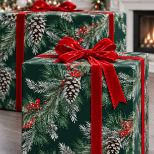 Papel De Regalo Piñas de Pino Blanco Abeto Plateado Guirnalda de B
