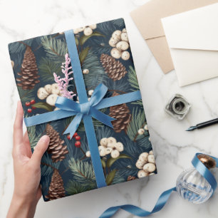 Papel De Regalo Piñas Ramas Azul Blanco Marrón Patrón de Navidad 