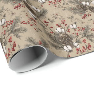 Papel De Regalo Piñas Rústicas, Ramitos de Algodón y Bayas Rojas