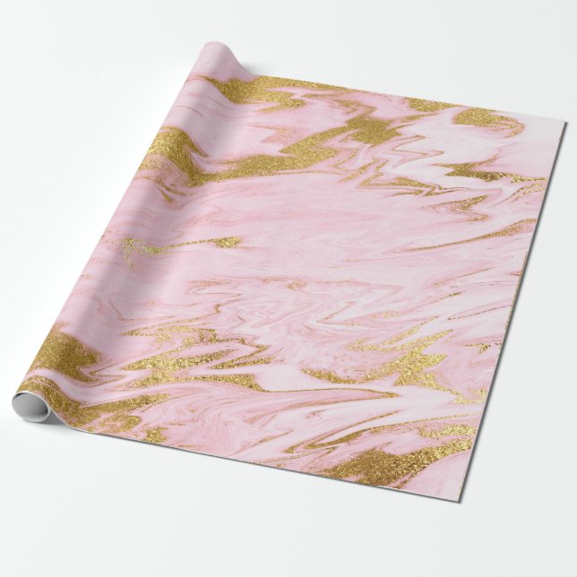 Papel De Regalo Pinceles dorados brillantes de Mármol rosa pastel (Desenrollado)
