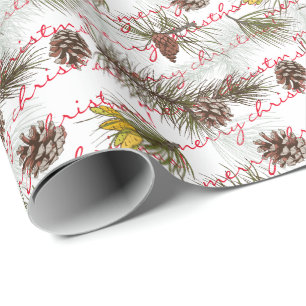 Papel De Regalo Pine Cones Personalizar Merry Christmas Red Text