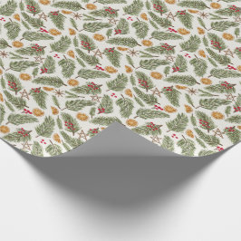 Papel De Regalo Pine Sprigs, Berries, Naranjas Candeados, Navidade