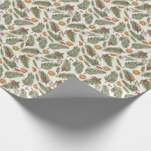 Papel De Regalo Pine Sprigs, Berries, Naranjas Candeados, Navidade