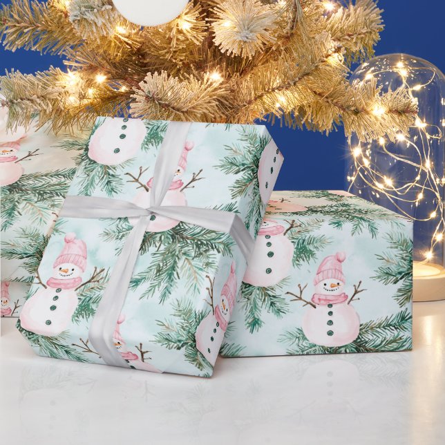 Papel De Regalo Pine Tree Pink White Snowman Girl (Vacaciones)
